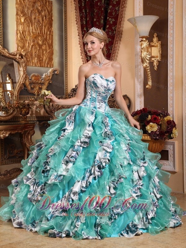 Sweetheart Organza Printing Colorized Quinceanera Dress