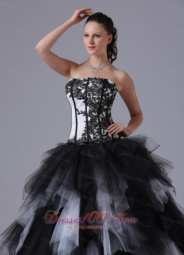 Ruffled Black and White Sixteen Dresses With Embroidery