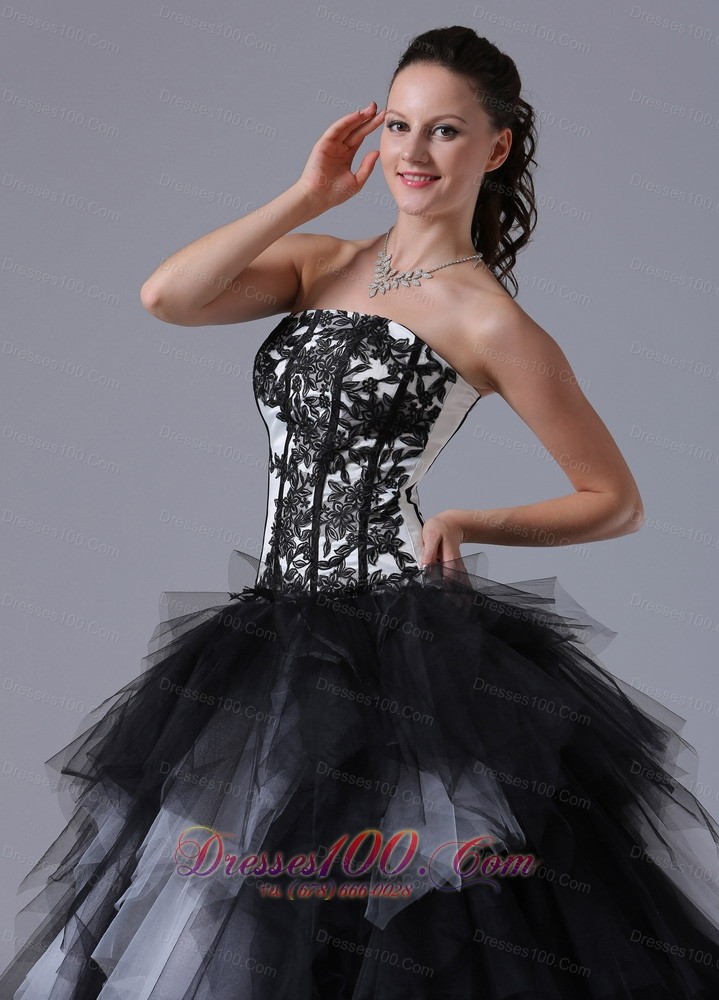 Ruffled Black and White Sixteen Dresses With Embroidery
