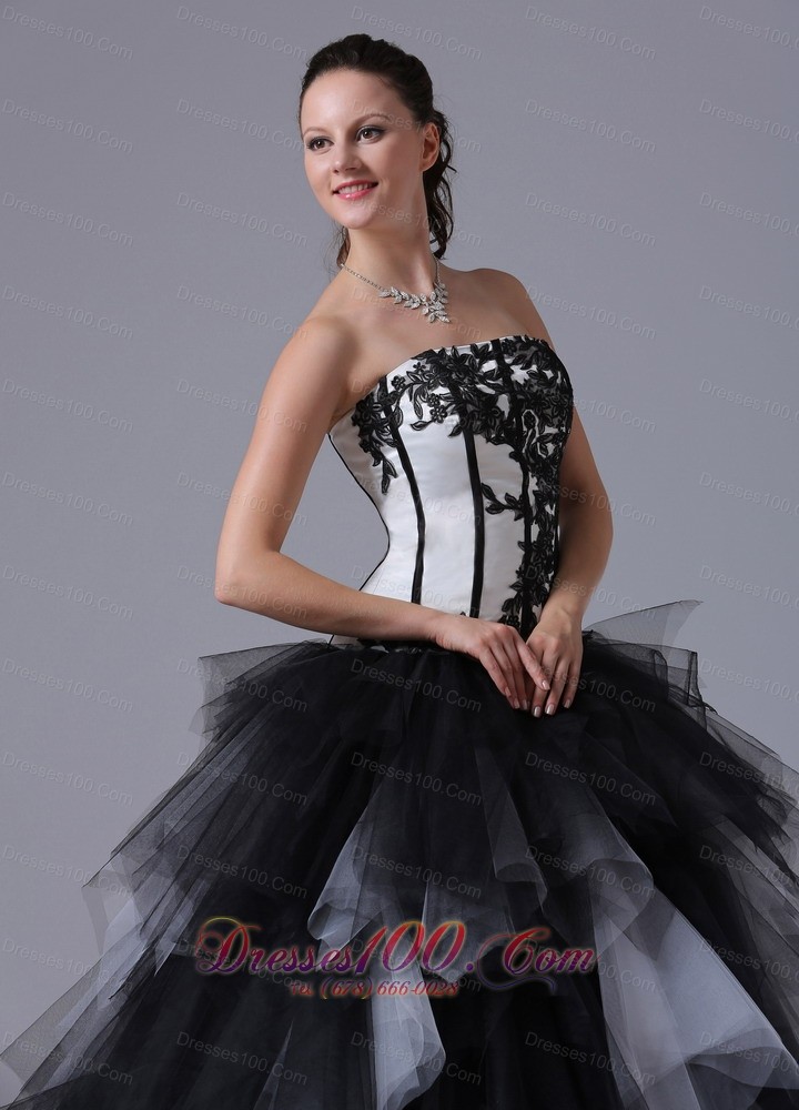 Ruffled Black and White Sixteen Dresses With Embroidery
