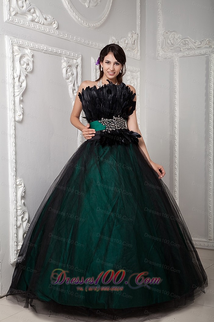 Beading and Feather Black Tulle Quinceanera Dress