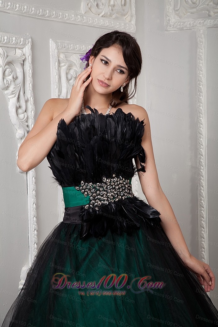 Beading and Feather Black Tulle Quinceanera Dress