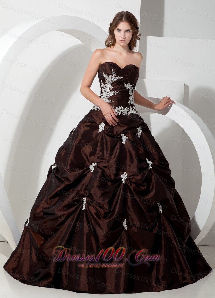Taffeta Appliques Brown Ball Gown Sweetheart Quinceanera Dress