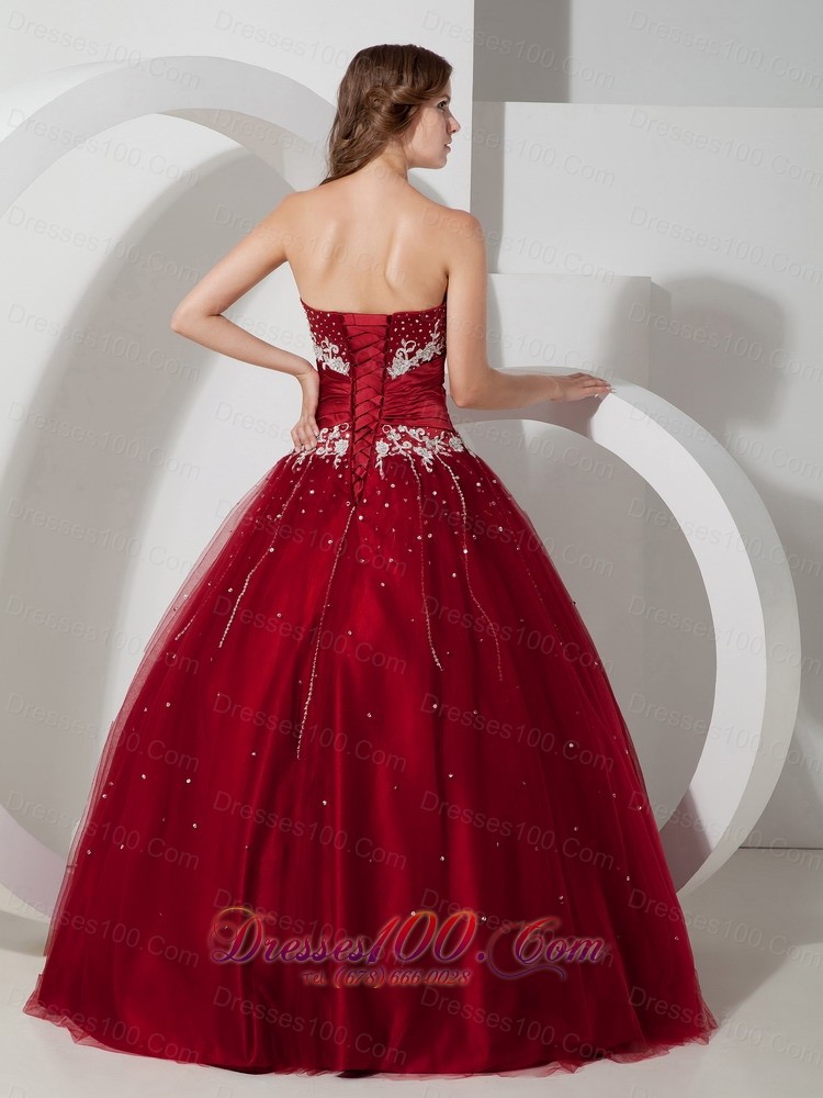 Wine Red Quinceanera Dress Strapless Satin and Tulle