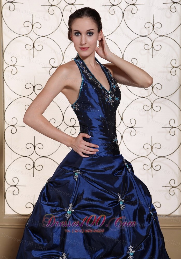 Halter Top Navy Blue Quinceanera Dress Embroidery With Beading