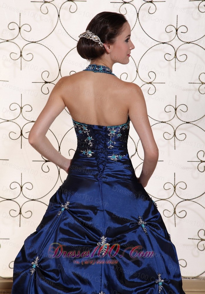 Halter Top Navy Blue Quinceanera Dress Embroidery With Beading