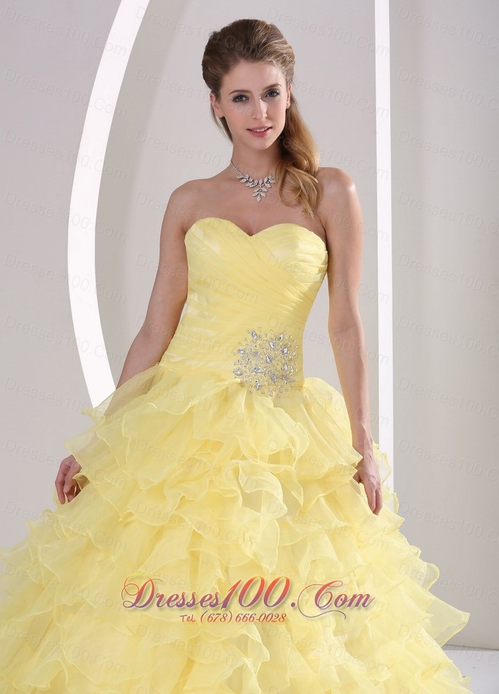 Light Yellow Ruffles Quinceaners Gowns Appliques and Ruch Organza