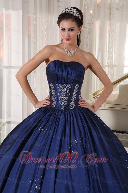 Navy Strapless Quinceanera Dress Embroidery and Beading