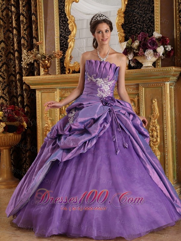 Lavender Sweet 16 Dresses Strapless Flowers and Appliques