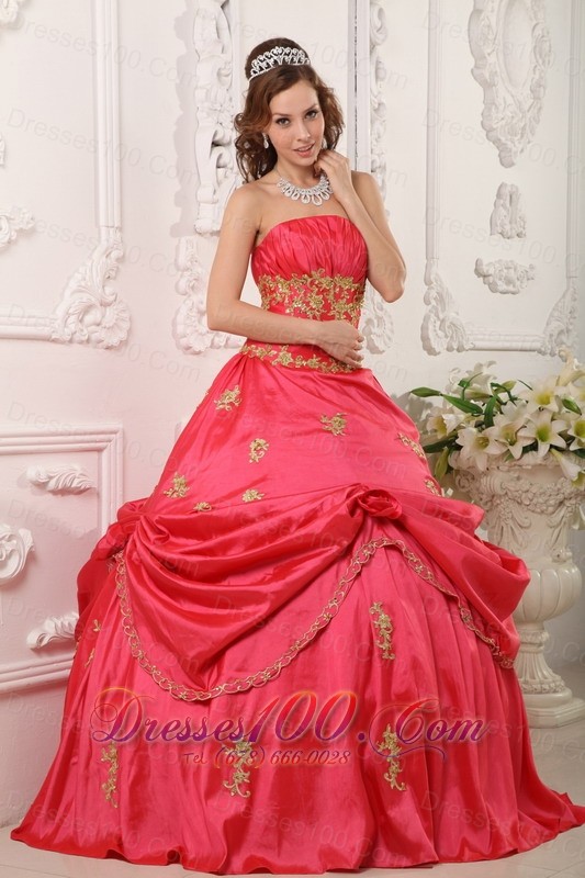 Ball Gown Coral Red Quinceanera Dress Beading and Appliques