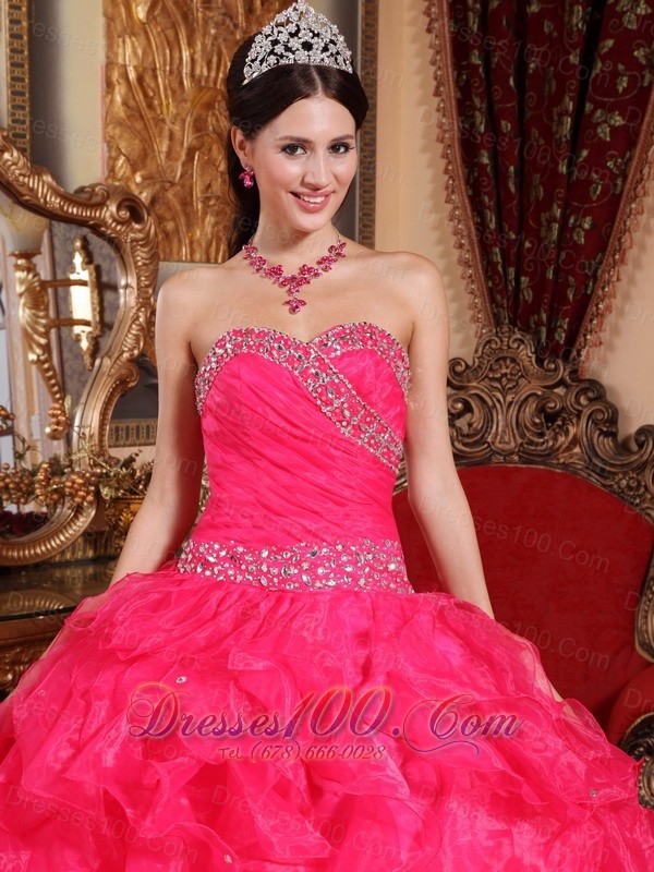 Coral Red Quinceanera Dress Sweetheart Organza Beading Pleats