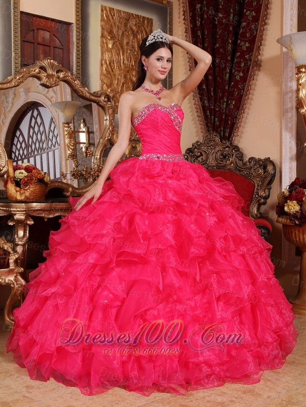 Coral Red Quinceanera Dress Sweetheart Organza Beading Pleats