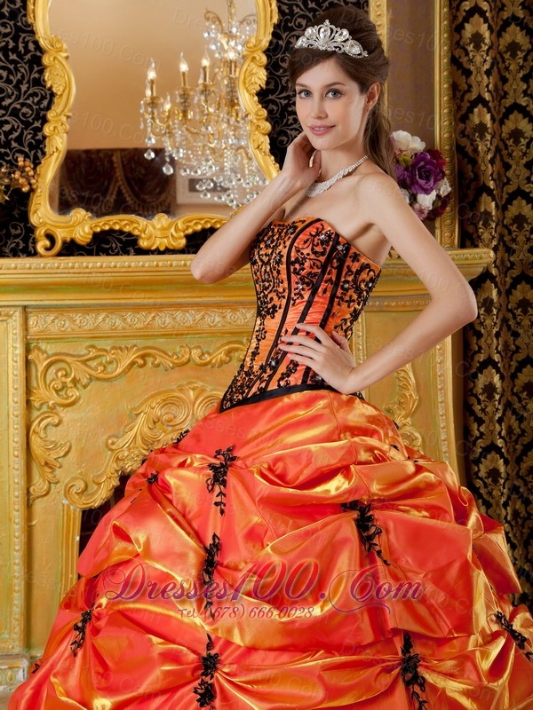 Taffeta Orange Dresses for A Quince Pick-ups and Embroidery