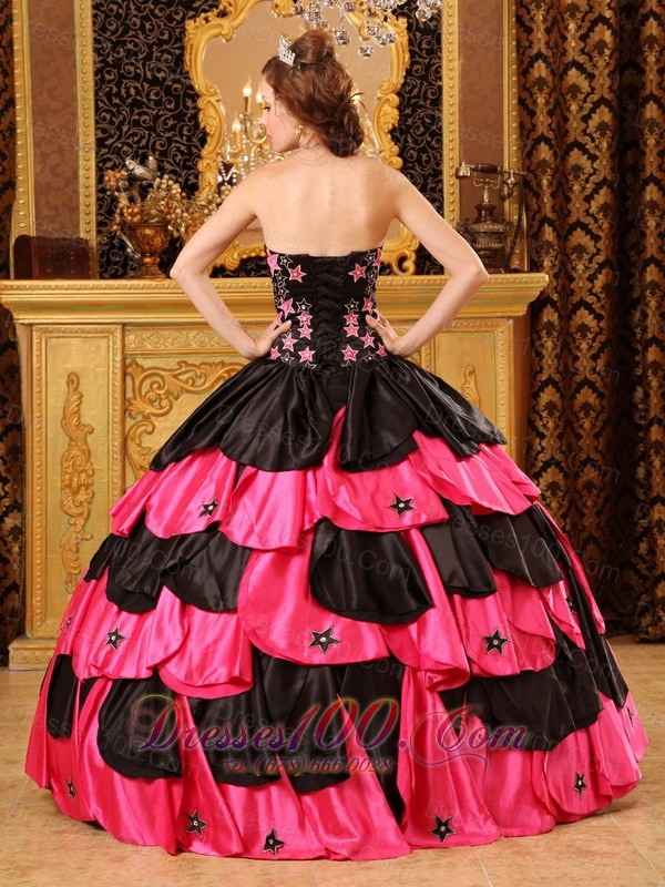 Black and Hot Pink Taffeta Beading Dress for Quinceaneras