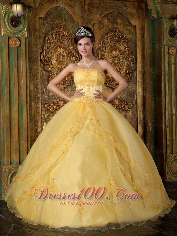 Yellow Appliqued Strapless Floor-length Organza Quinceanera Dress