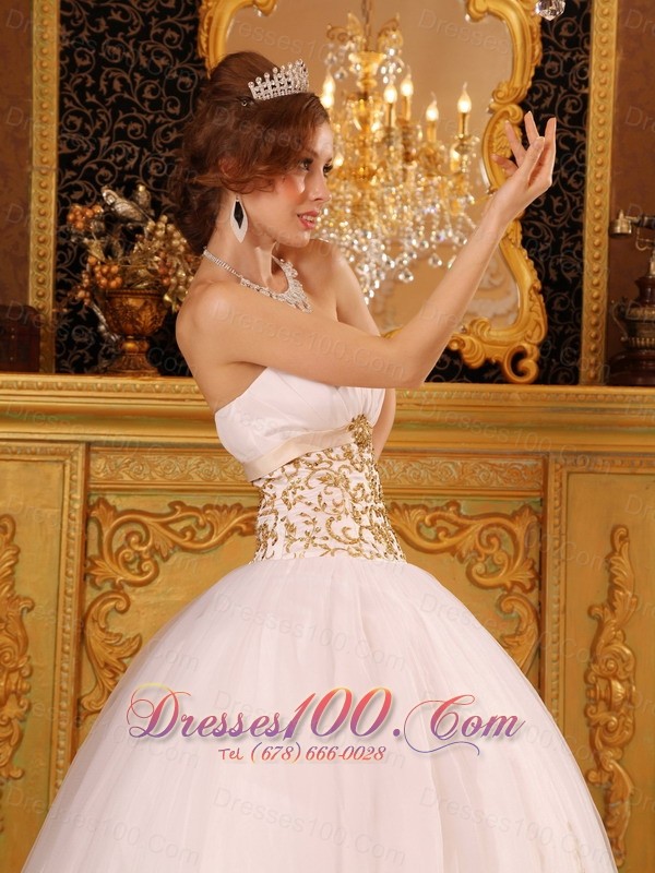 Satin and Organza White Appliques Dresses for Quinceaneras