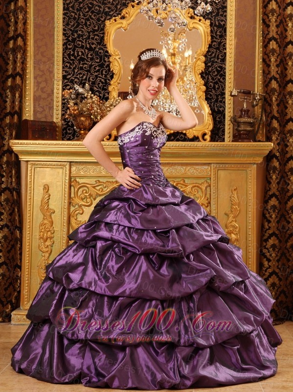 Dark Purple Taffeta Dress for Quinceanera Appliques Ball Gown