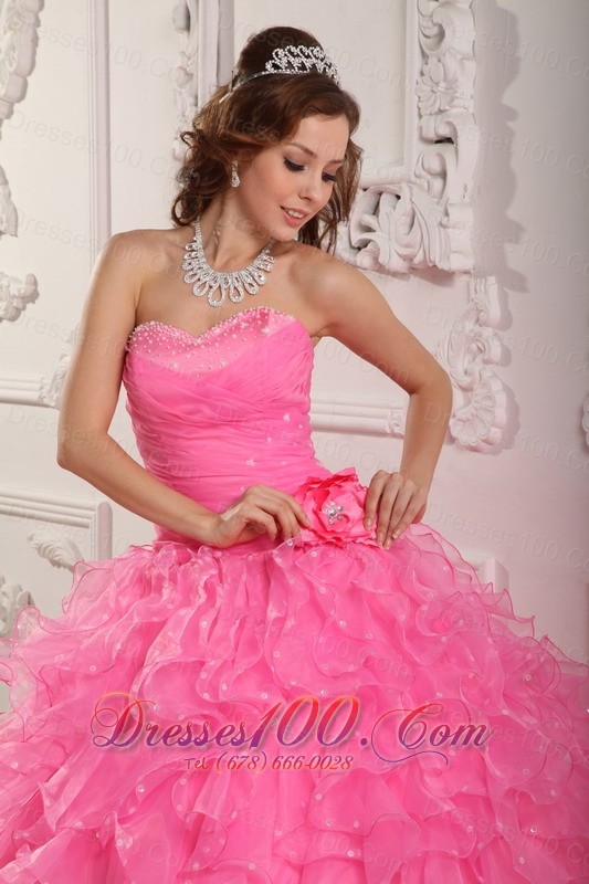 Rose Pink Quinceanera Dresses Gowns Organza Beading Flower