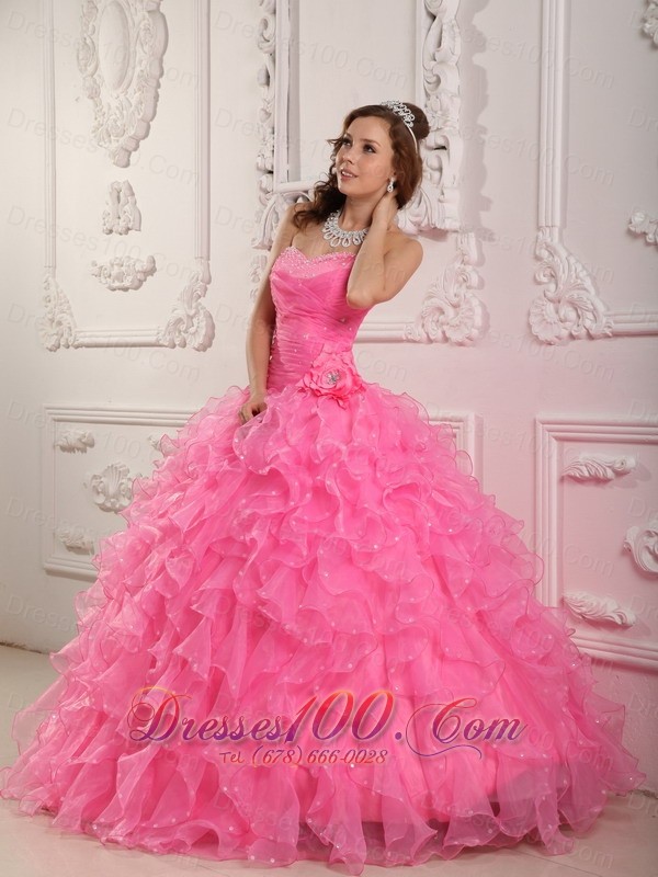 Rose Pink Quinceanera Dresses Gowns Organza Beading Flower