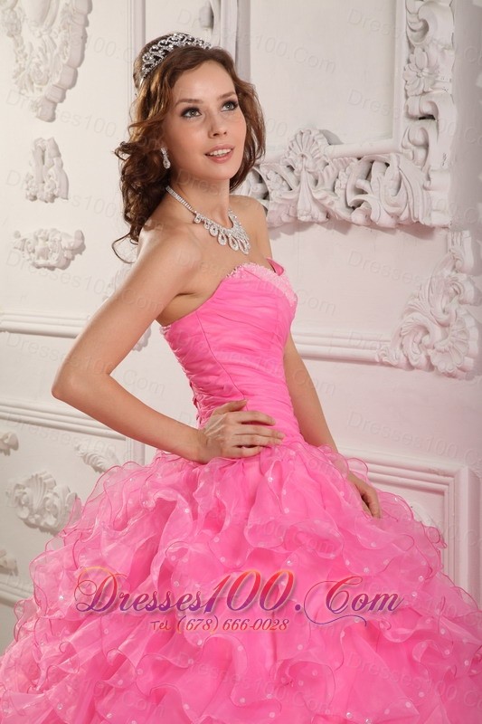 Rose Pink Quinceanera Dresses Gowns Organza Beading Flower