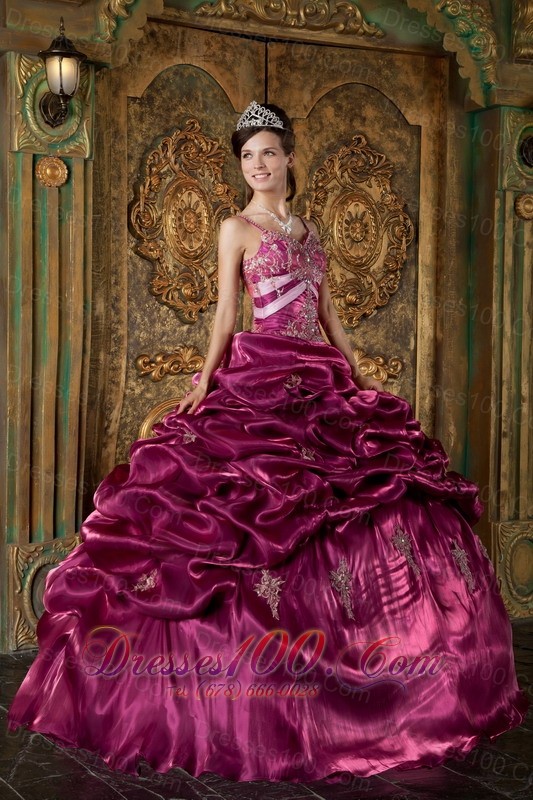 Spaghetti Straps Fuchsia Quinceanera Dress Taffeta Beading