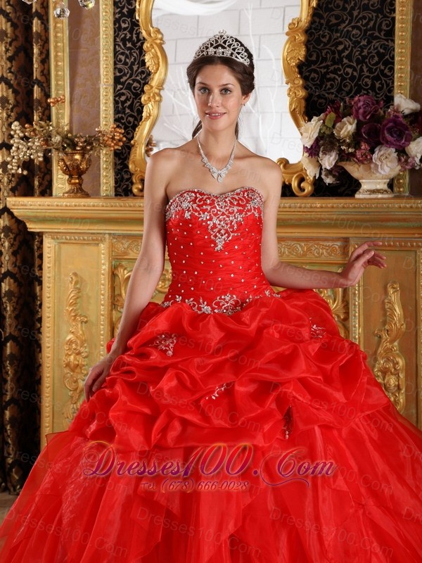 Cheap Red Dresses Of 15 Organza Appliques with Beading