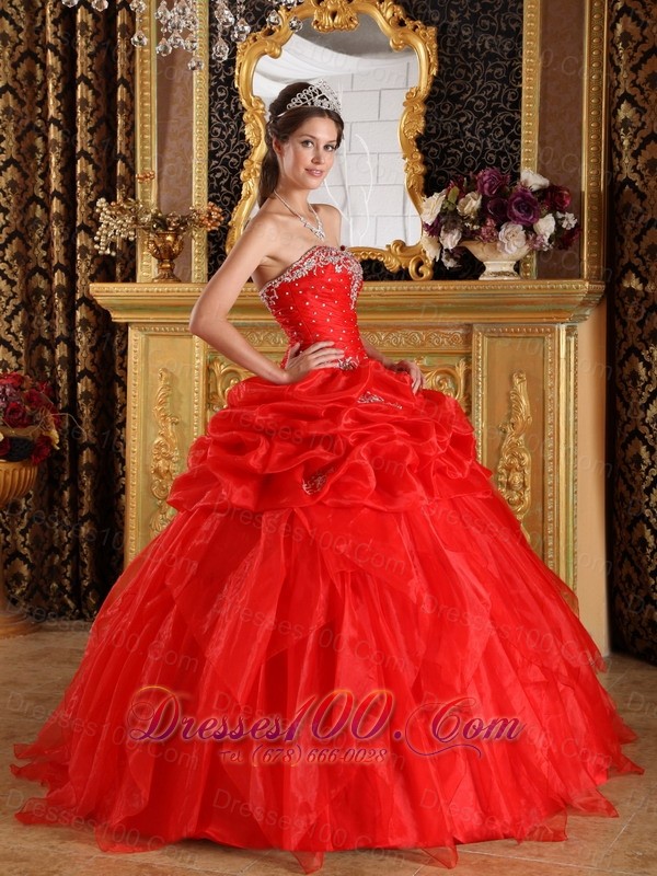 Cheap Red Dresses Of 15 Organza Appliques with Beading