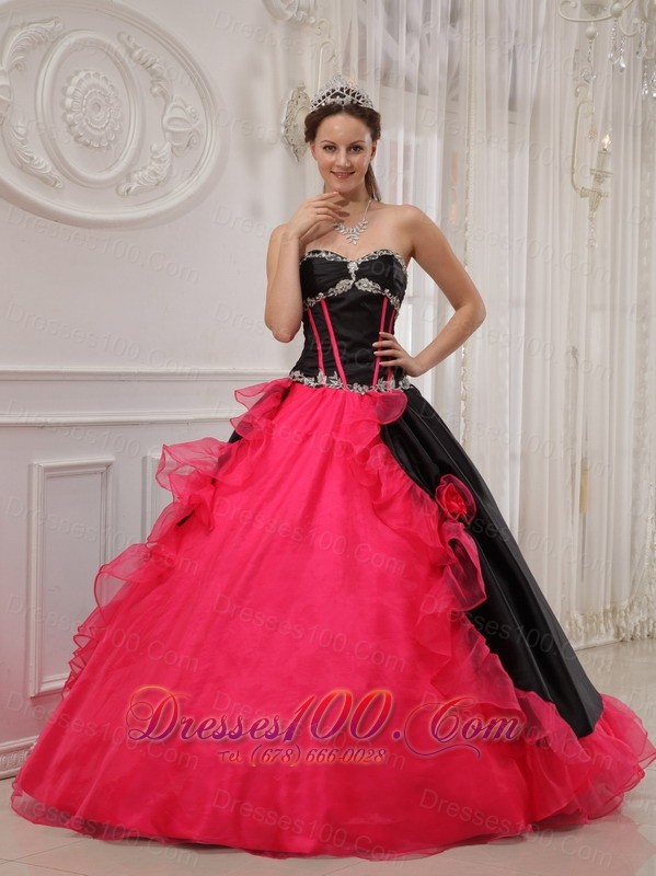 Red and Black Sweetheart Satin and Organza Quinceanera Dress