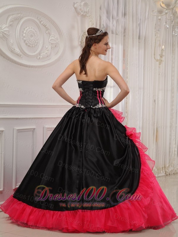 Red and Black Sweetheart Satin and Organza Quinceanera Dress