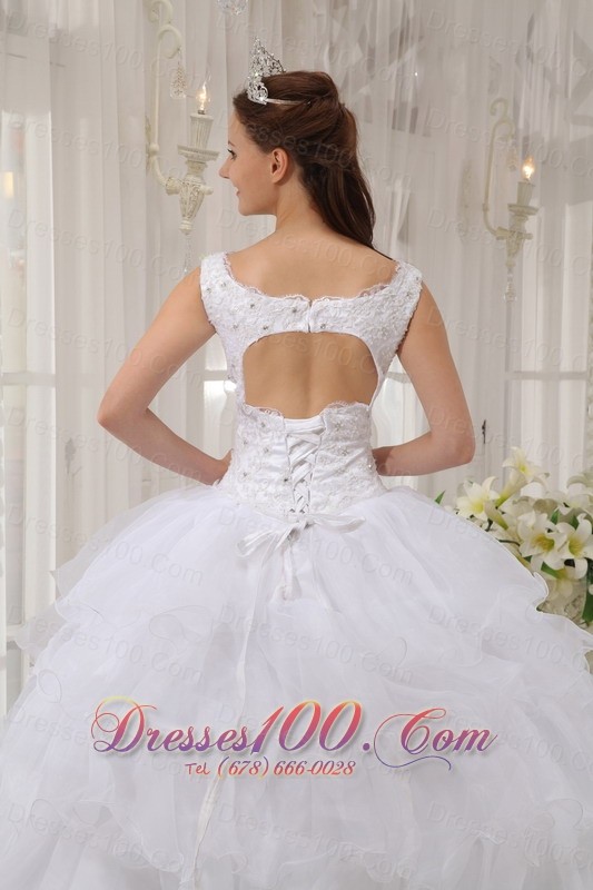 White Scoop Quinceanera Dress Satin and Organza Appliques