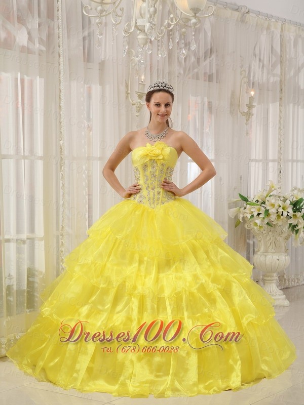 Ball Gown Taffeta and Organza Beading Yellow Quinceanera Dress