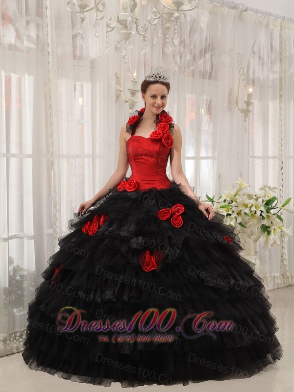 Halter Colorful Ball Gown Taffeta and Organza Hand Flowers 16 Dress