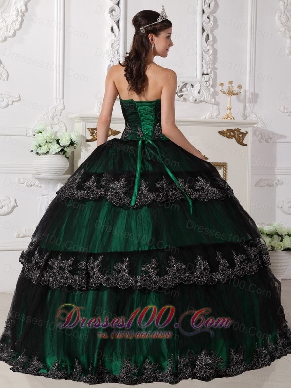 Dark Green Dresses for Quince Ball Gown Taffeta and Tulle Appliques