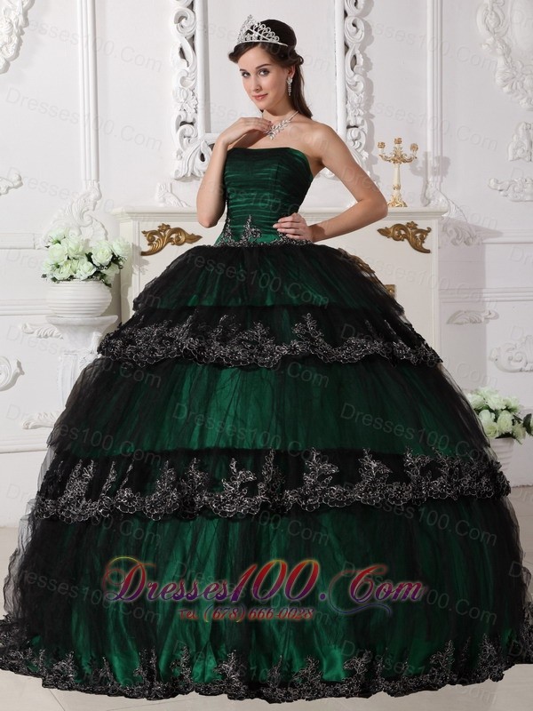 Dark Green Dresses for Quince Ball Gown Taffeta and Tulle Appliques