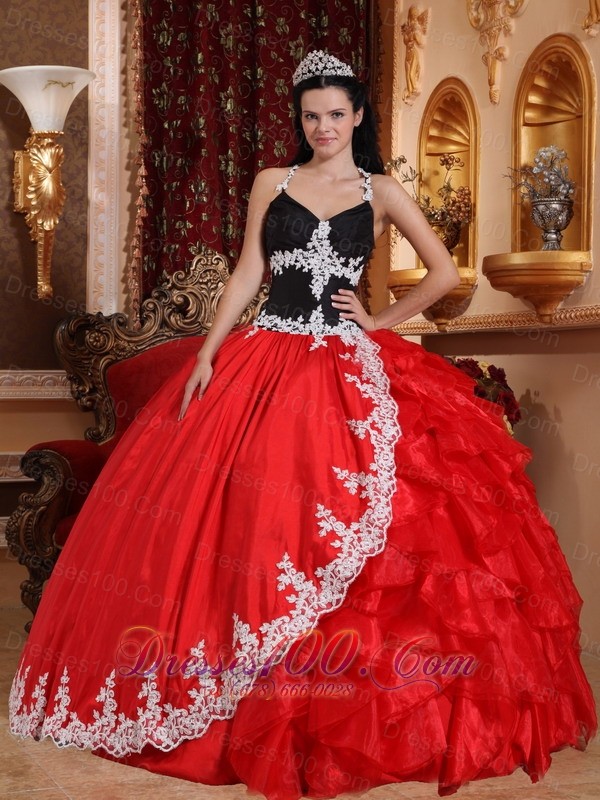 Red and Black V-neck Taffeta and Organza Appliques Dress for 16