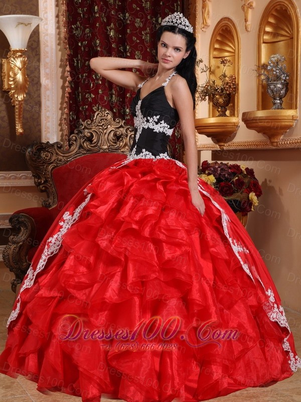 Red and Black V-neck Taffeta and Organza Appliques Dress for 16