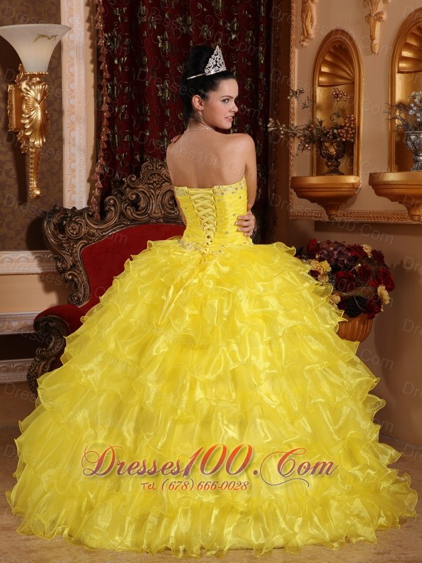 Yellow Organza Beading Ruffled Dress for Quinceanera