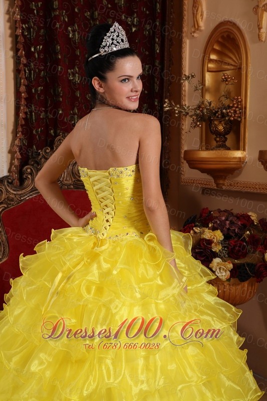 Yellow Organza Beading Ruffled Dress for Quinceanera