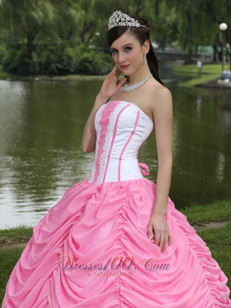Quinceanera Dress With Pick-ups Rose Pink Chiffon Satin