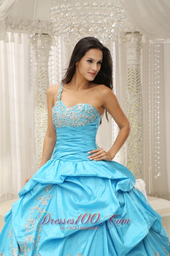 Aqua Organza One Shoulder Embroidery Quinceanera Dress