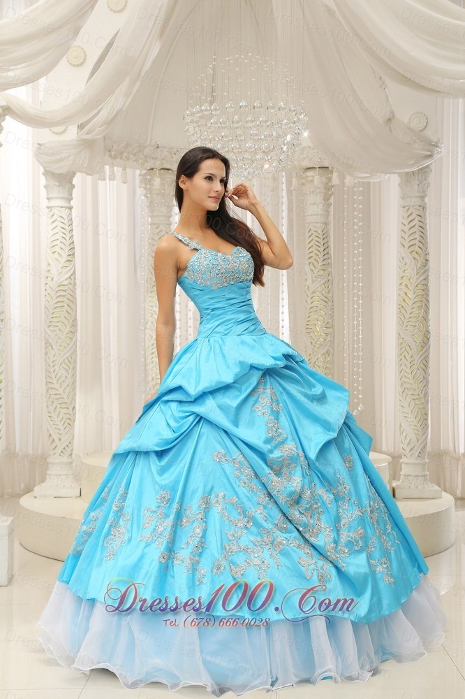 Aqua Organza One Shoulder Embroidery Quinceanera Dress