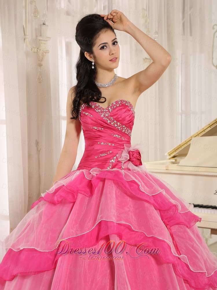 Beaded and Ruch Hot Pink Ruffled Layers Quinceanera Dress