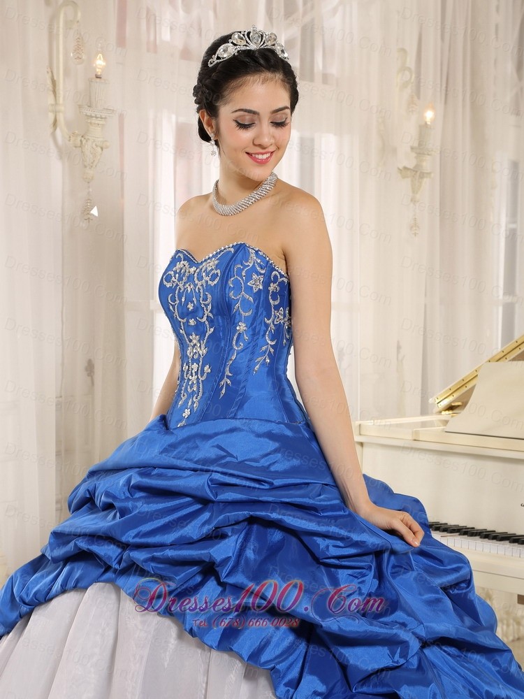 Blue and White Quinceanera Dress With Embroidery and Pick-ups