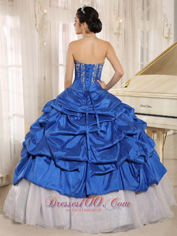 Blue and White Quinceanera Dress With Embroidery and Pick-ups