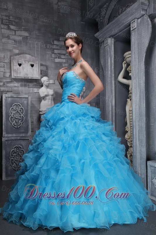Taffeta and Organza Beading and Appliques Aqua Blue Quinceanera Dress