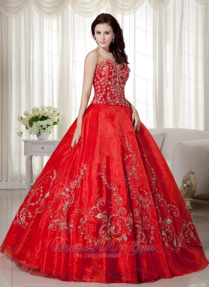 Sweetheart Red Organza Beading and Embroidery Sweet 16 Dresses