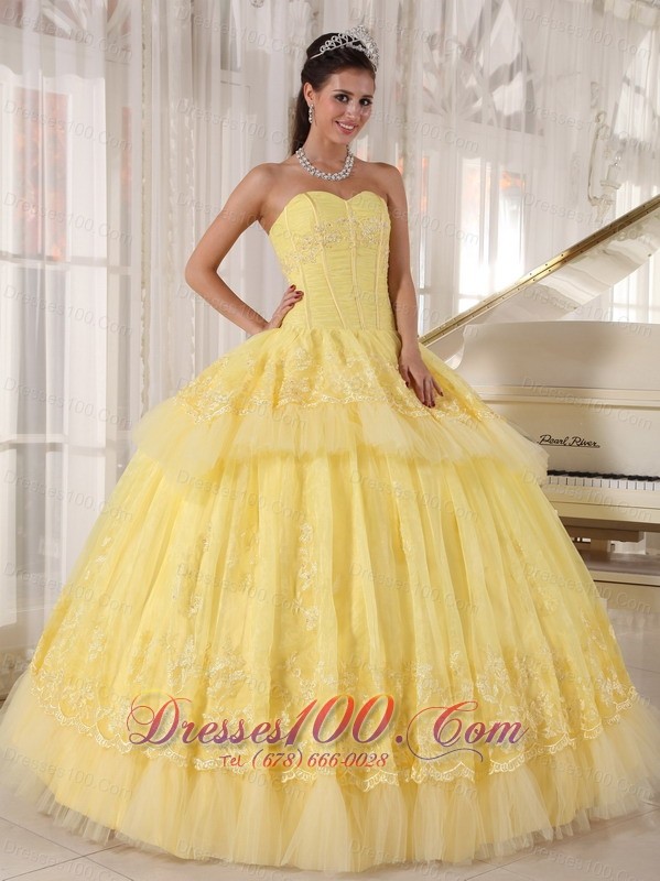 Organza Yellow Quinceanera Dress Beading and Appliques