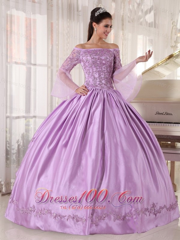 Lavender Off Shoulder Taffeta Appliques Dress for Girls