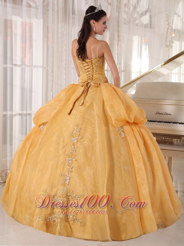 Spaghetti Straps Gold Organza Appliques Quinceanera Dress