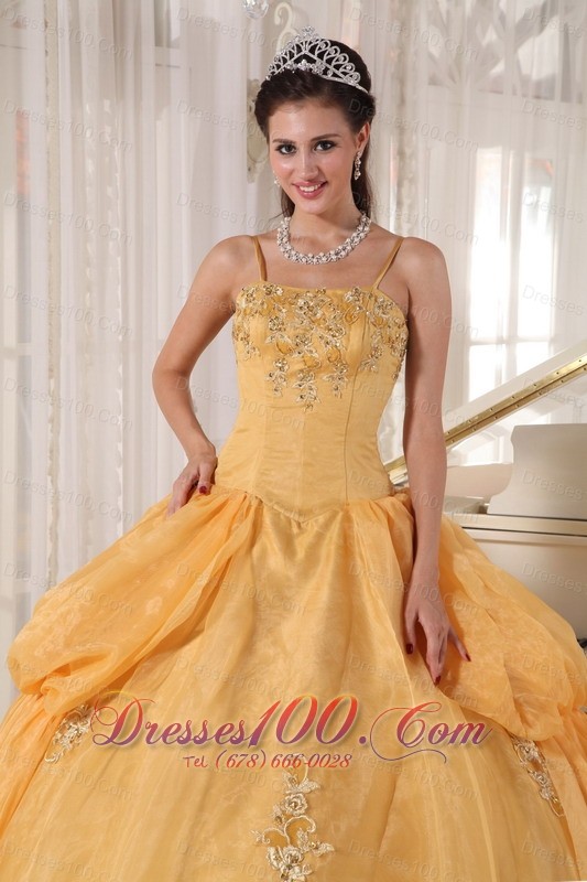 Spaghetti Straps Gold Organza Appliques Quinceanera Dress
